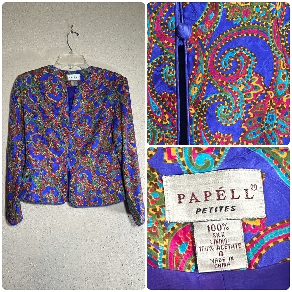 Vintage Papéll Petites Vibrant Purple Gold Paisley Colorful Silk Blouse Size 4